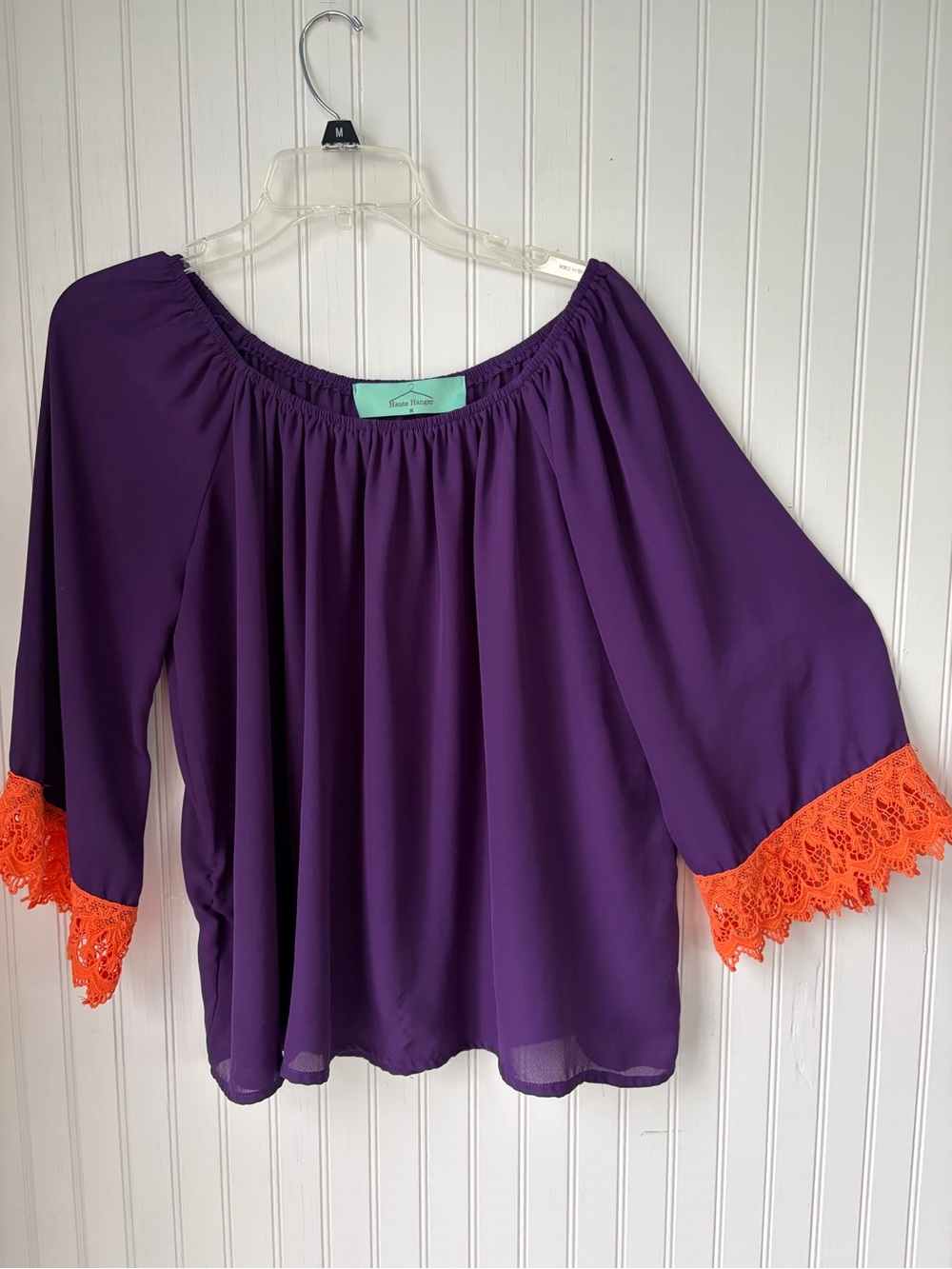 Haute Hanger (M) Purple Off-Shoulder Top with Orange Lace Trim